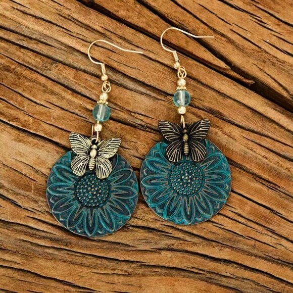 Boho Butterfly and Sunflowers Layered Earrings with Patina on French Hook #1118 - Picture 3 of 7